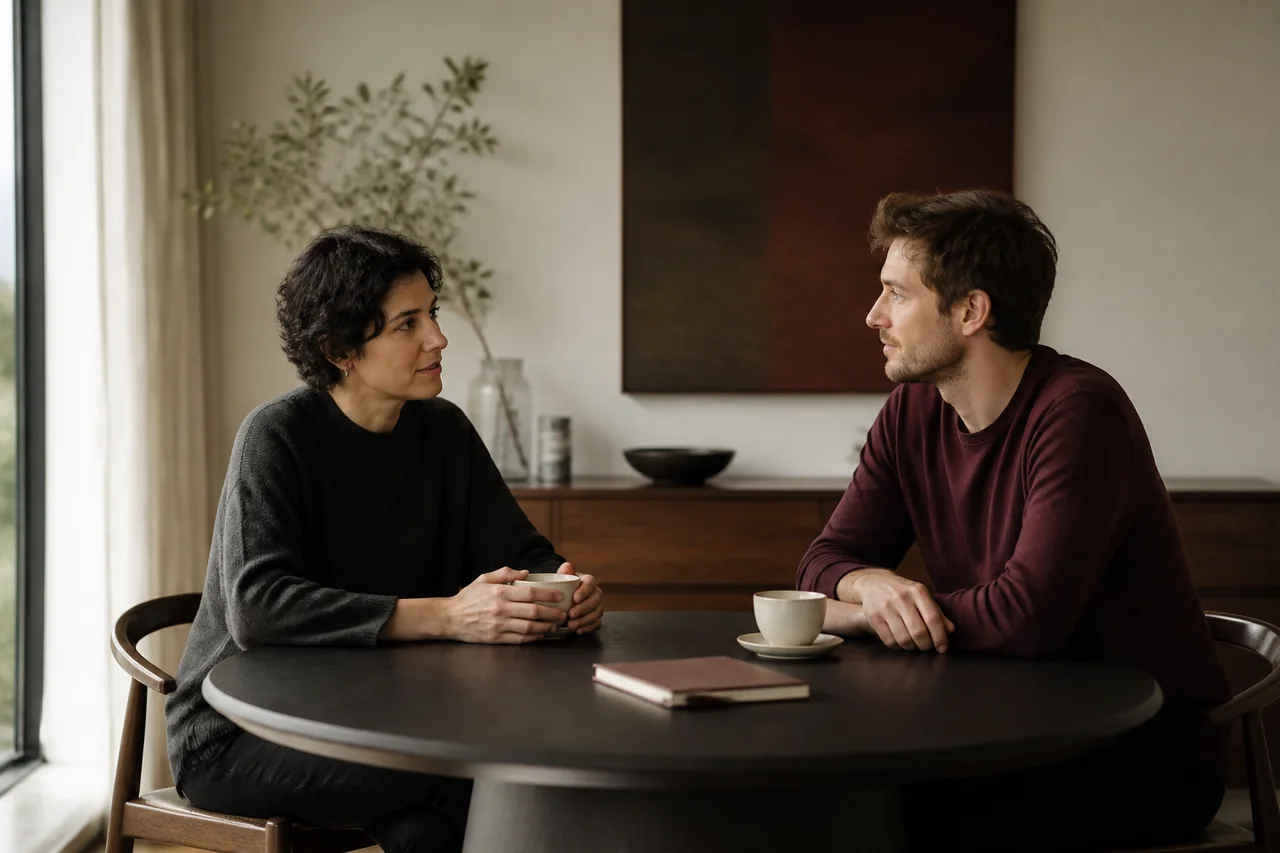 Two partners sharing a calm, thoughtful conversation at a table