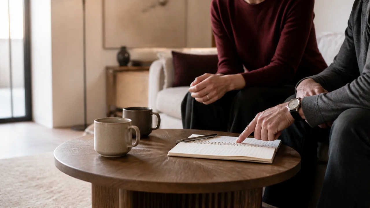 Two partners sharing a calm conversation over notes at a table